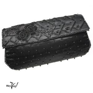 Vintage Bon Soir Black Satin Beaded Clutch Purse Made in Japan 9x5" - Hey Viv